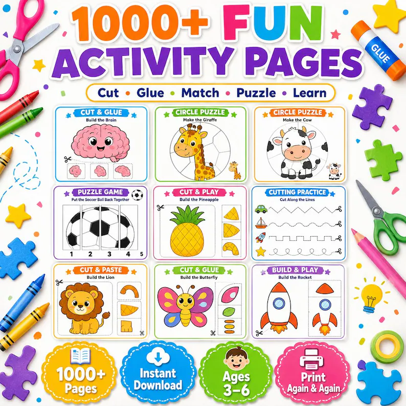 Scissor Skills Workbook for Kids Ages 3-5 | 1000+ Cut and Glue Activities | Preschool Cutting Practice | Printable PDF Bundle - Image 2
