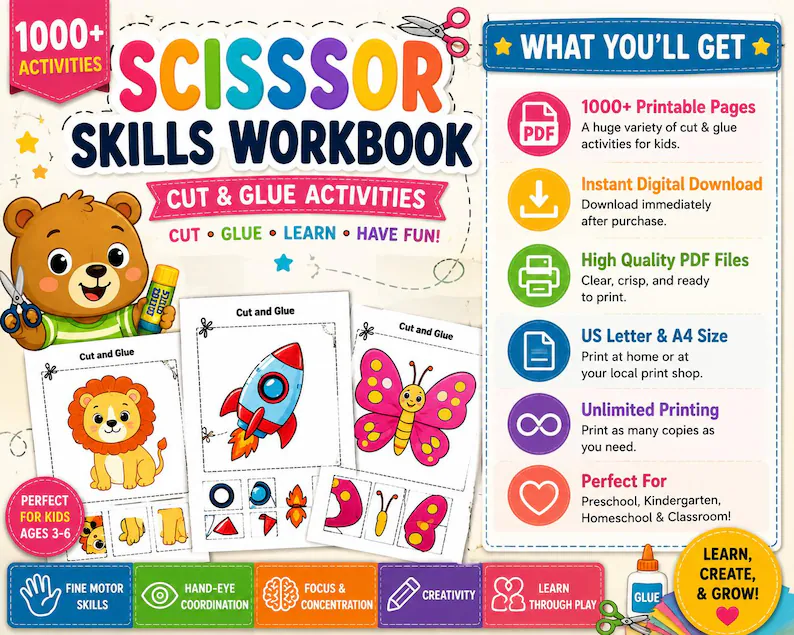 Scissor Skills Workbook for Kids Ages 3-5 | 1000+ Cut and Glue Activities | Preschool Cutting Practice | Printable PDF Bundle - Image 3