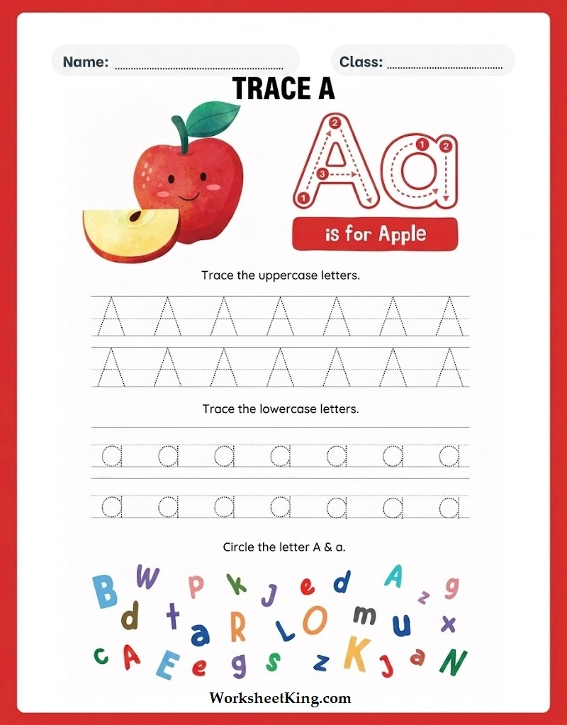 Letter A tracing worksheet for preschool and kindergarten