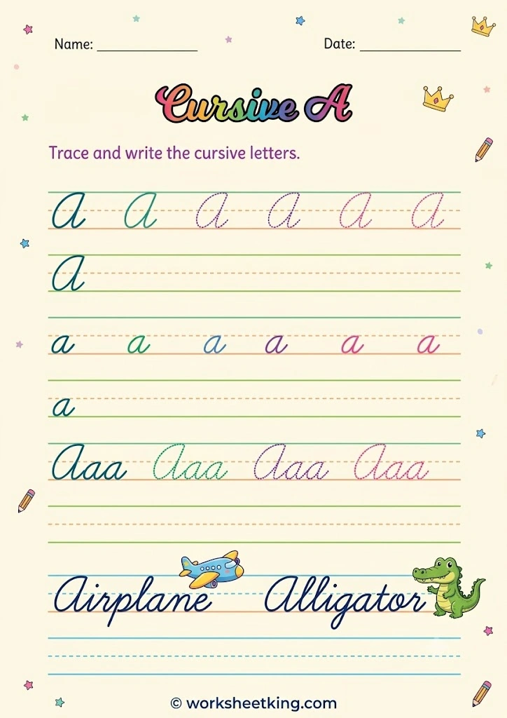 Cursive letter A handwriting worksheet for children