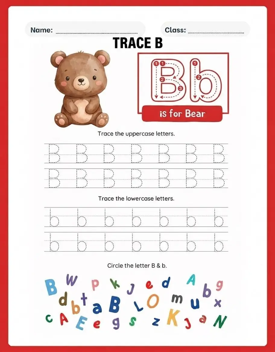 Letter B tracing worksheet for preschool and kindergarten children