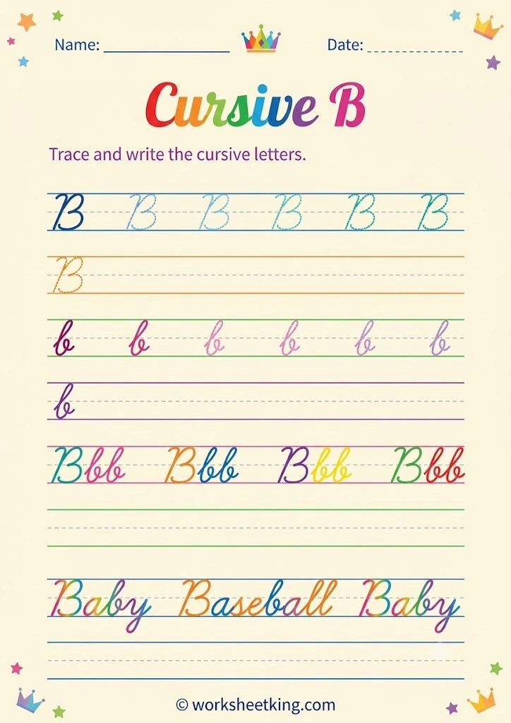 Cursive letter B worksheet for handwriting practice