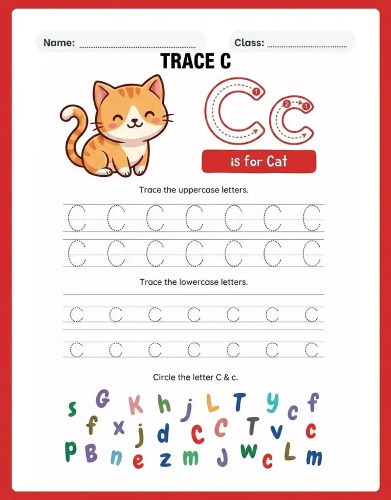 Letter C tracing worksheets for preschool and kindergarten