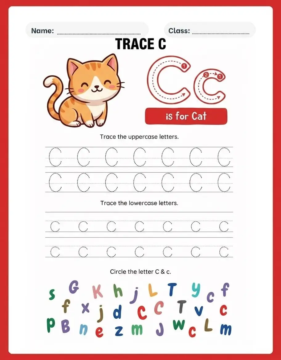 Letter C tracing worksheets for preschool and kindergarten