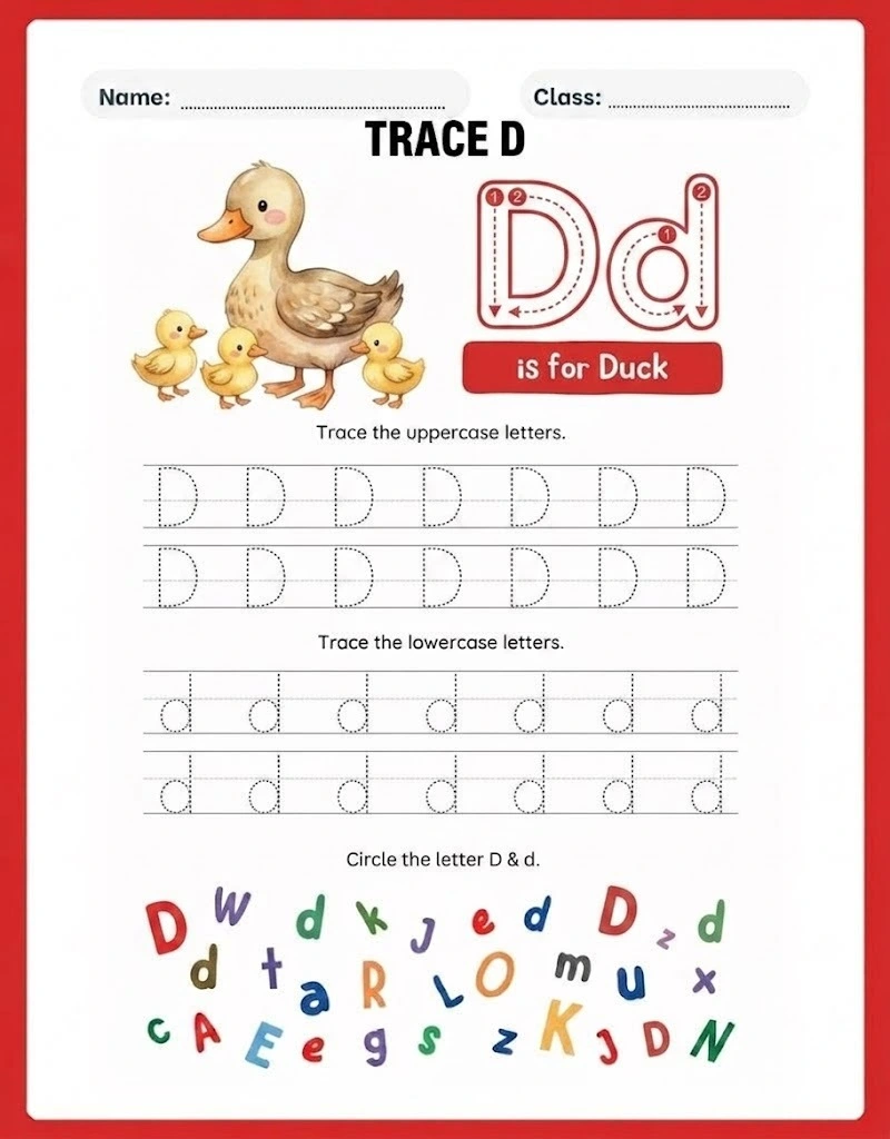 Letter D tracing worksheets for preschool and kindergarten