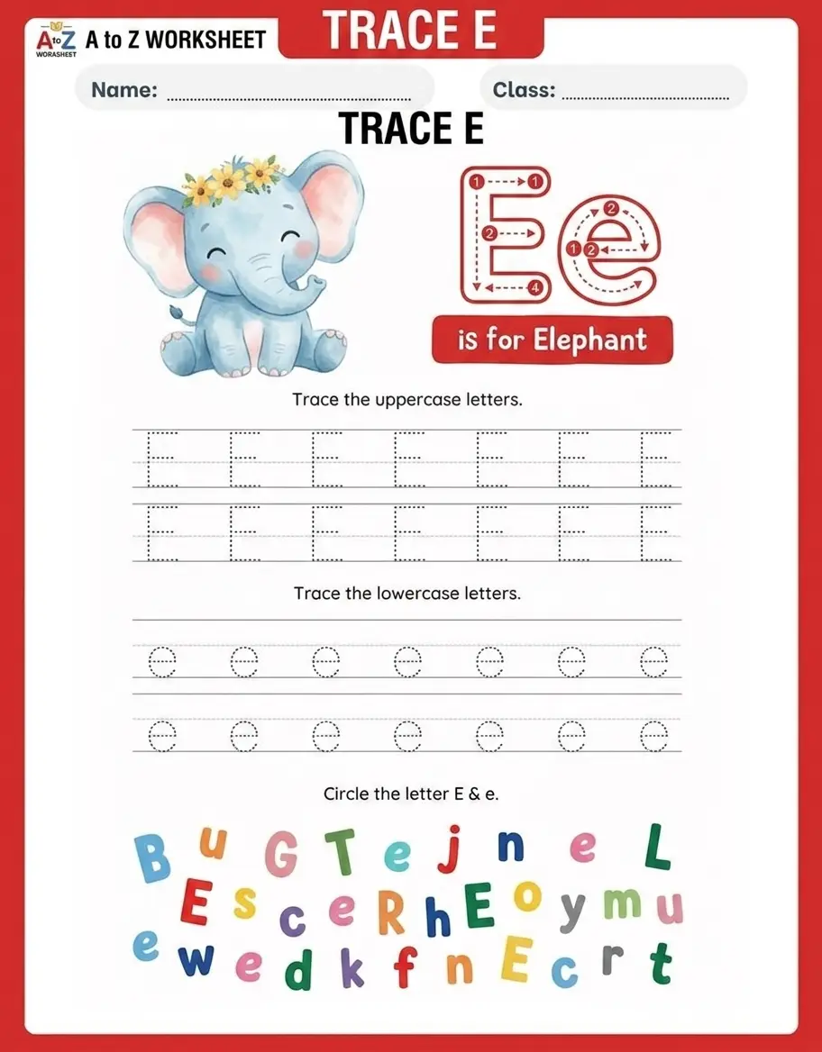Letter E tracing worksheet printable for preschool and kindergarten