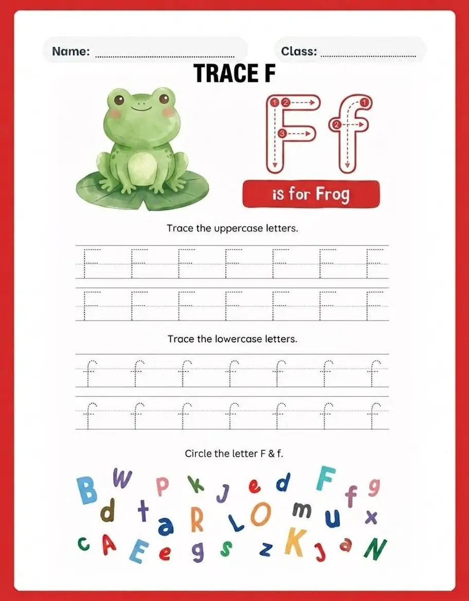 Letter F tracing worksheets for preschool and kindergarten
