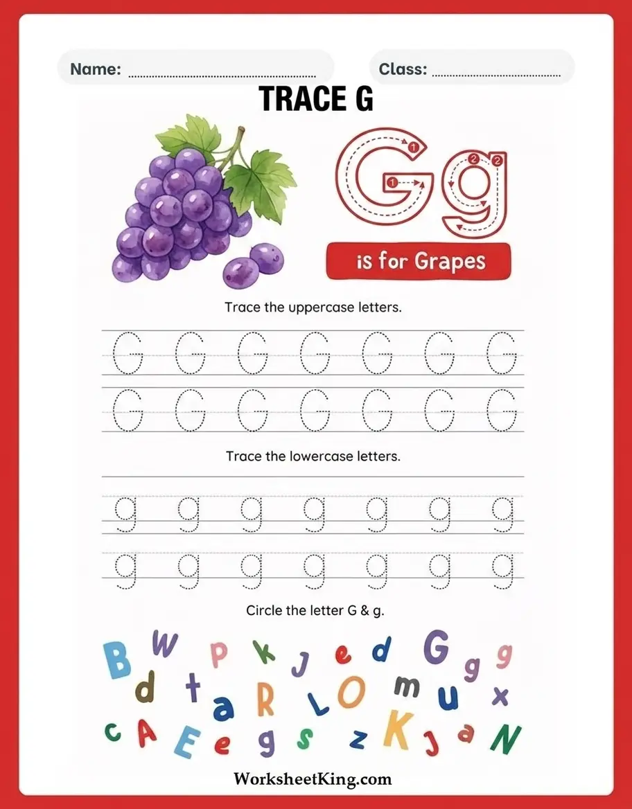 Letter G tracing worksheets for preschool and kindergarten
