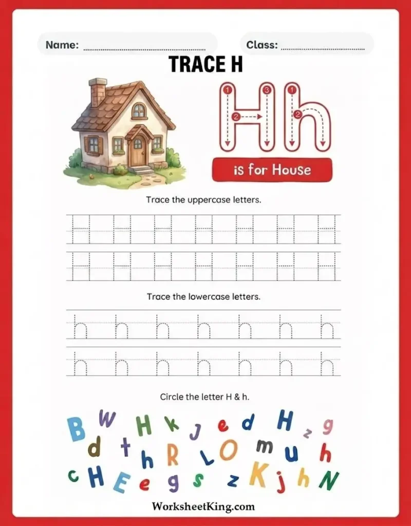 Letter H tracing worksheet for preschool and kindergarten children
