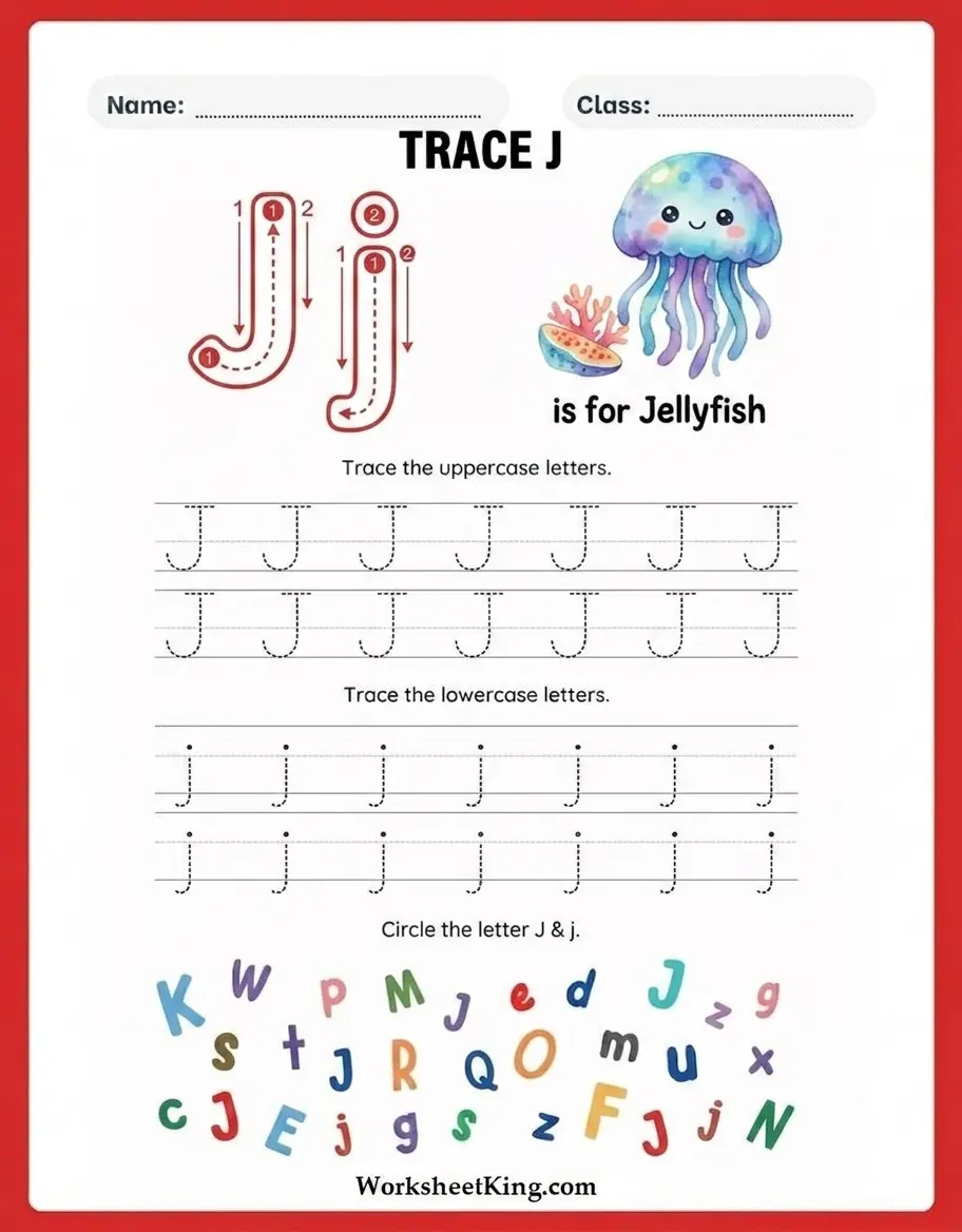 Letter J tracing worksheet for preschool and kindergarten
