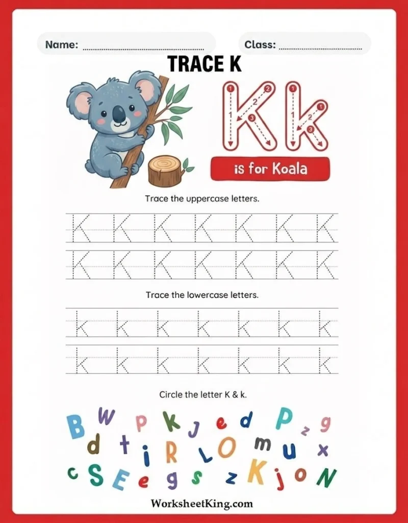 Letter K tracing worksheet for preschool and kindergarten children
