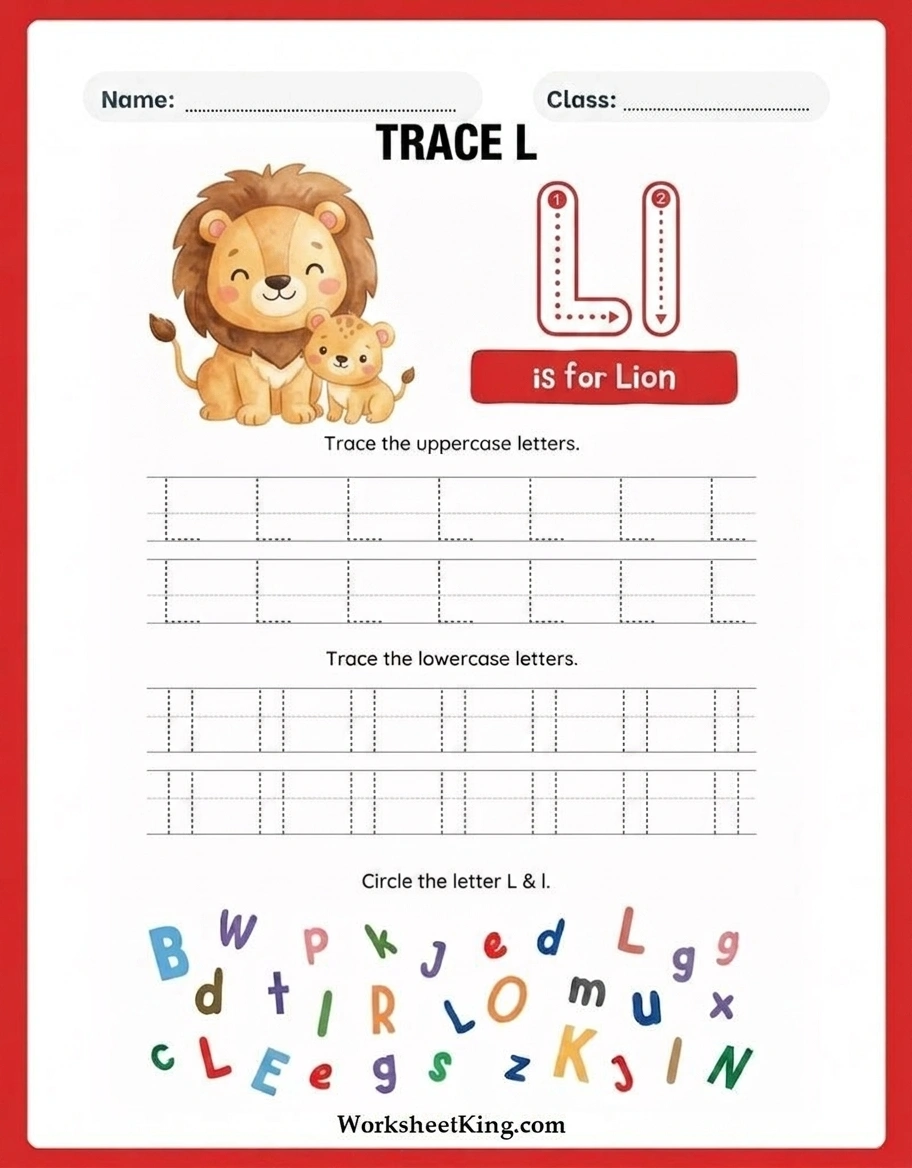 Printable Letter L tracing worksheet for preschool and kindergarten