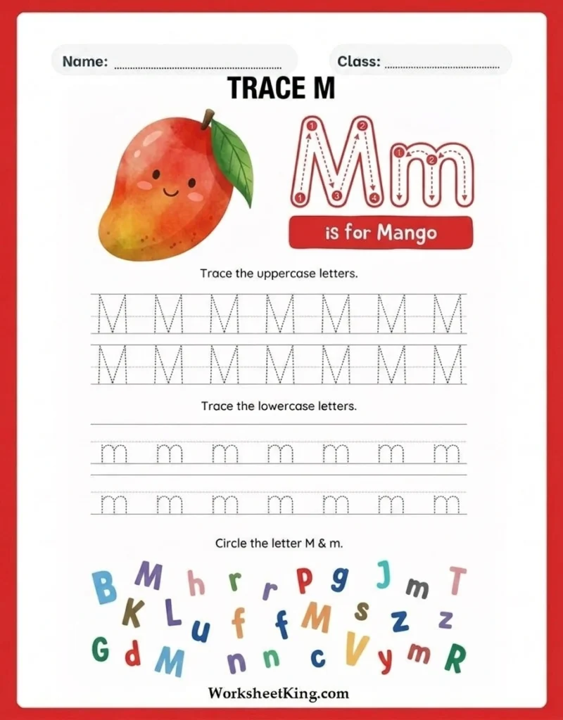 Printable Letter M tracing worksheet for preschool and kindergarten children