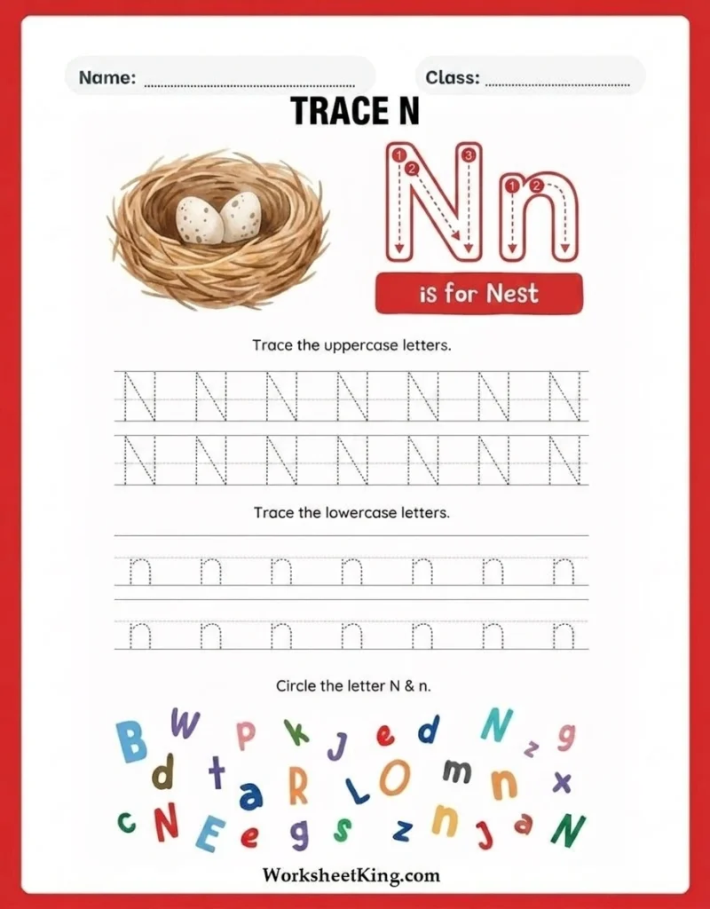 Letter N tracing worksheets for preschool and kindergarten
