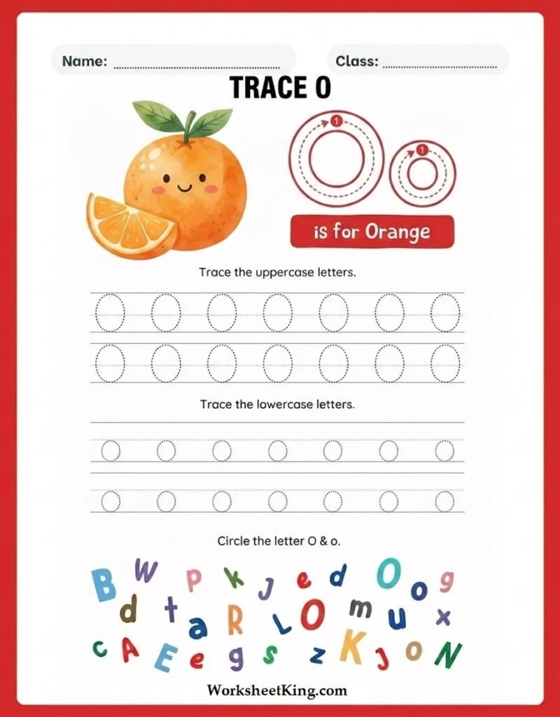 Letter O tracing worksheets for preschool and kindergarten