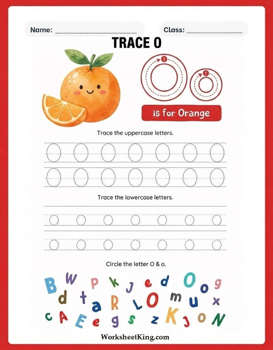 Letter O tracing worksheets for preschool and kindergarten