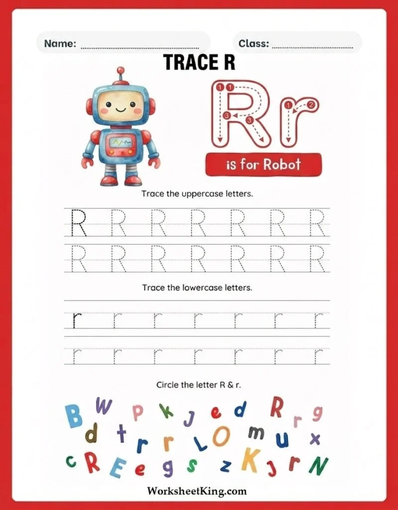 Letter R tracing worksheet for preschool and kindergarten children