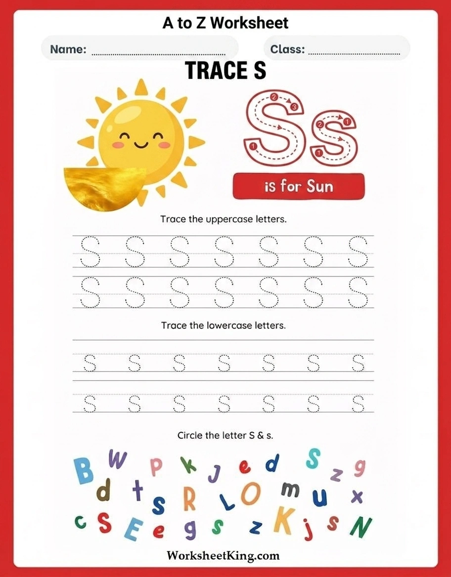 Letter S tracing worksheets for preschool and kindergarten