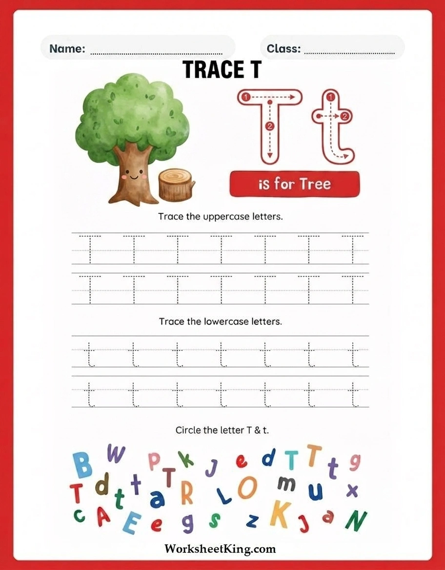 Letter T tracing worksheets for preschool and kindergarten