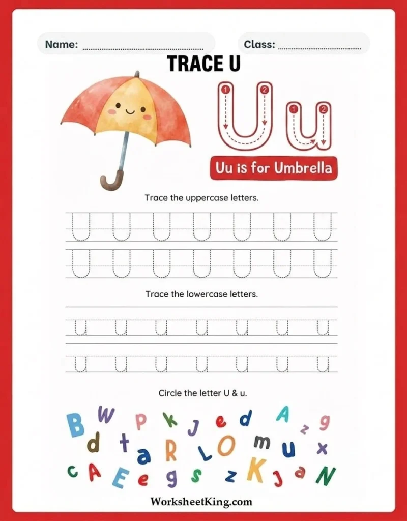 Letter U tracing worksheets for preschool and kindergarten