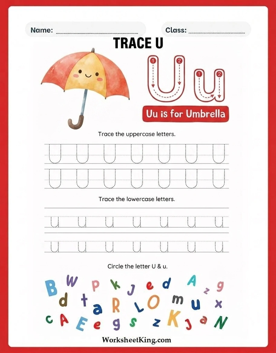 Letter U tracing worksheets for preschool and kindergarten