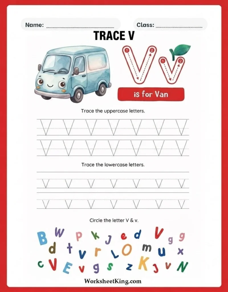 Letter V tracing worksheets for preschool and kindergarten