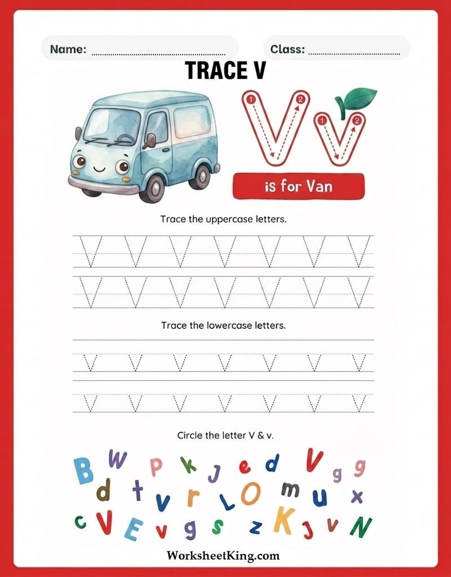 Letter V tracing worksheets for preschool and kindergarten