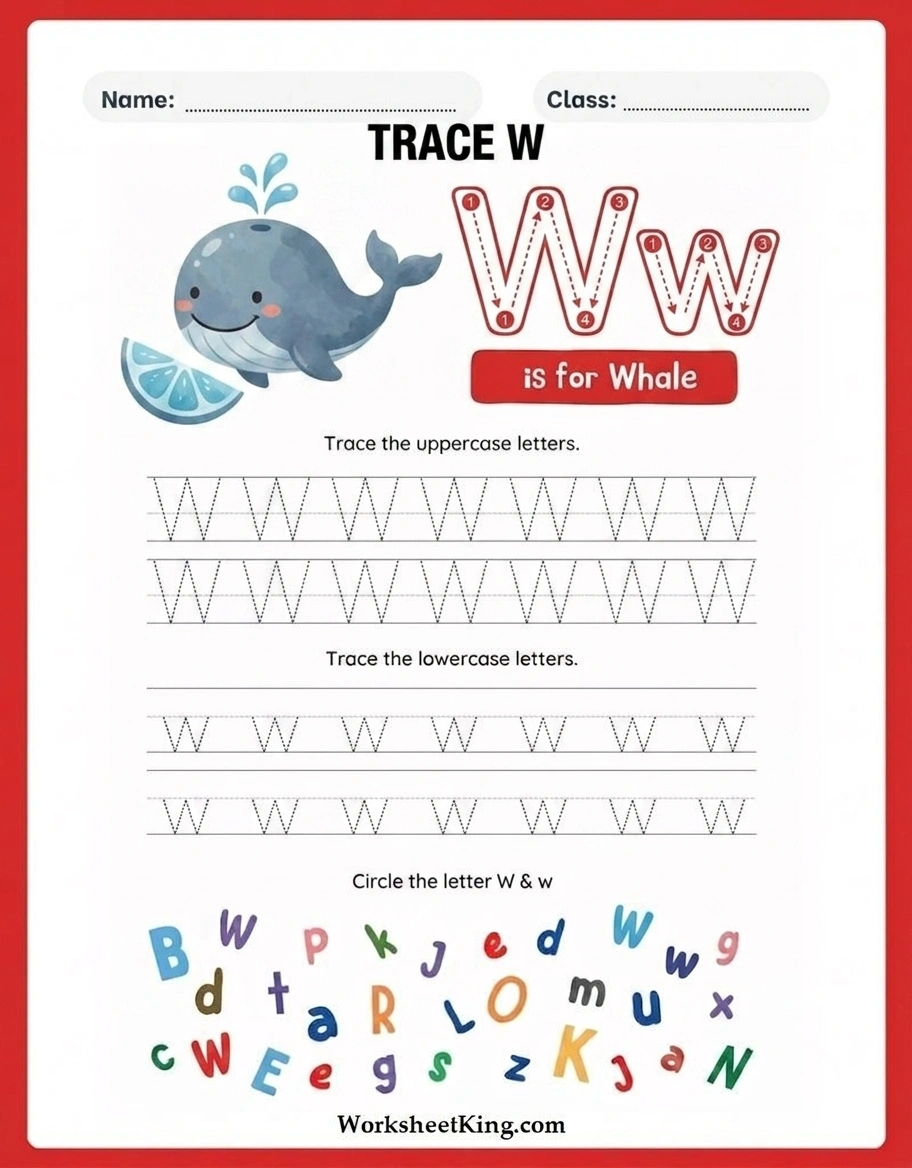 Letter W tracing worksheet for preschool and kindergarten children