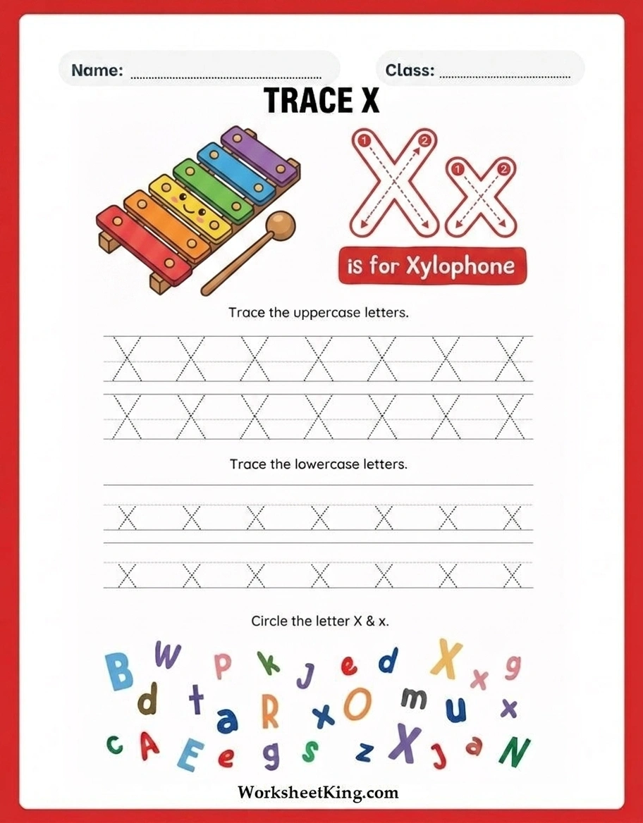 Letter X tracing worksheet for preschool and kindergarten children
