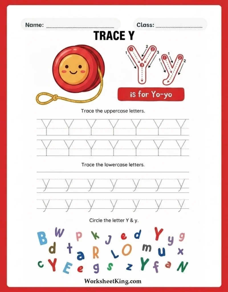 Letter Y tracing worksheet for preschool and kindergarten children