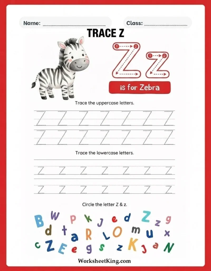 Letter Z tracing worksheets for preschool and kindergarten